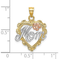 14K Two-Tone Gold MOM Heart Pendant with Flower Charm - 22.4mm Length by Oro Pregiato