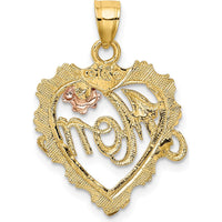 14K Two-Tone Gold MOM Heart Pendant with Flower Charm - 22.4mm Length by Oro Pregiato