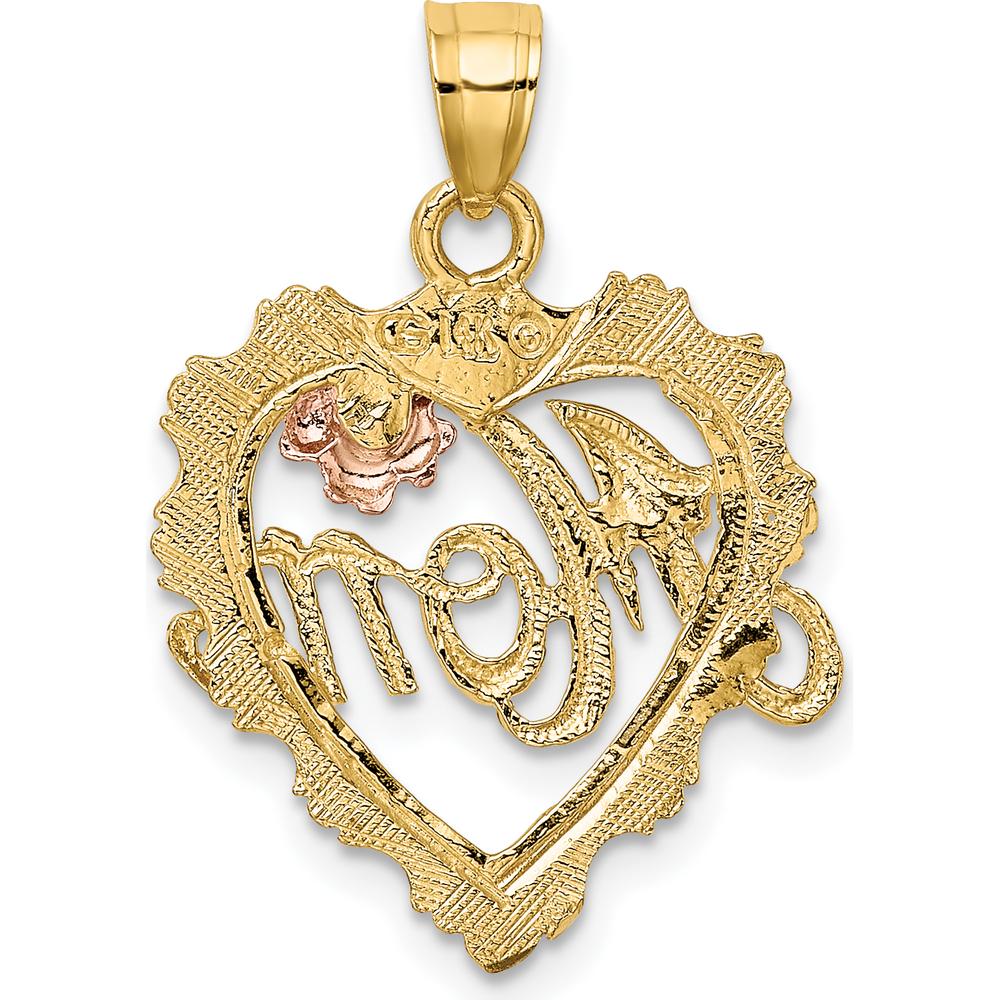 14K Two-Tone Gold MOM Heart Pendant with Flower Charm - 22.4mm Length by Oro Pregiato