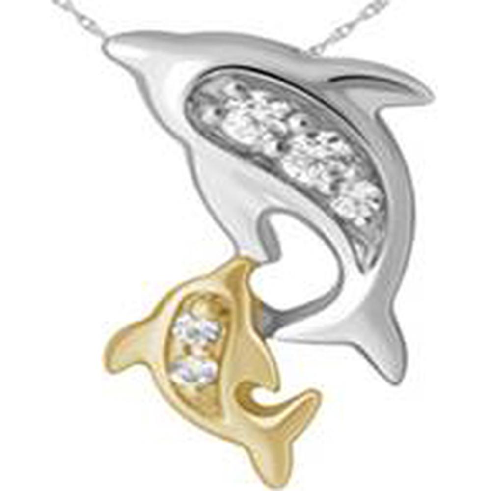 14K Two-Tone Gold Mother and Child Dolphin Pendant with Channel-Set Round Diamonds - 0.02 Carat Total Diamond Weight - Royal Jewelry
