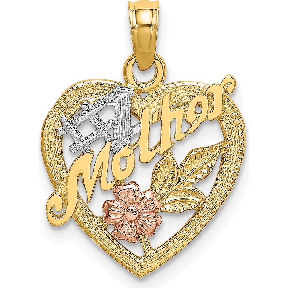 14K Two-Tone Gold "Mother" Heart Pendant with Flower Charm - Polished and Textured Finish by Oro Pregiato