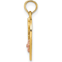 14K Two-Tone Gold "Mother" Heart Pendant with Flower Charm - Polished and Textured Finish by Oro Pregiato