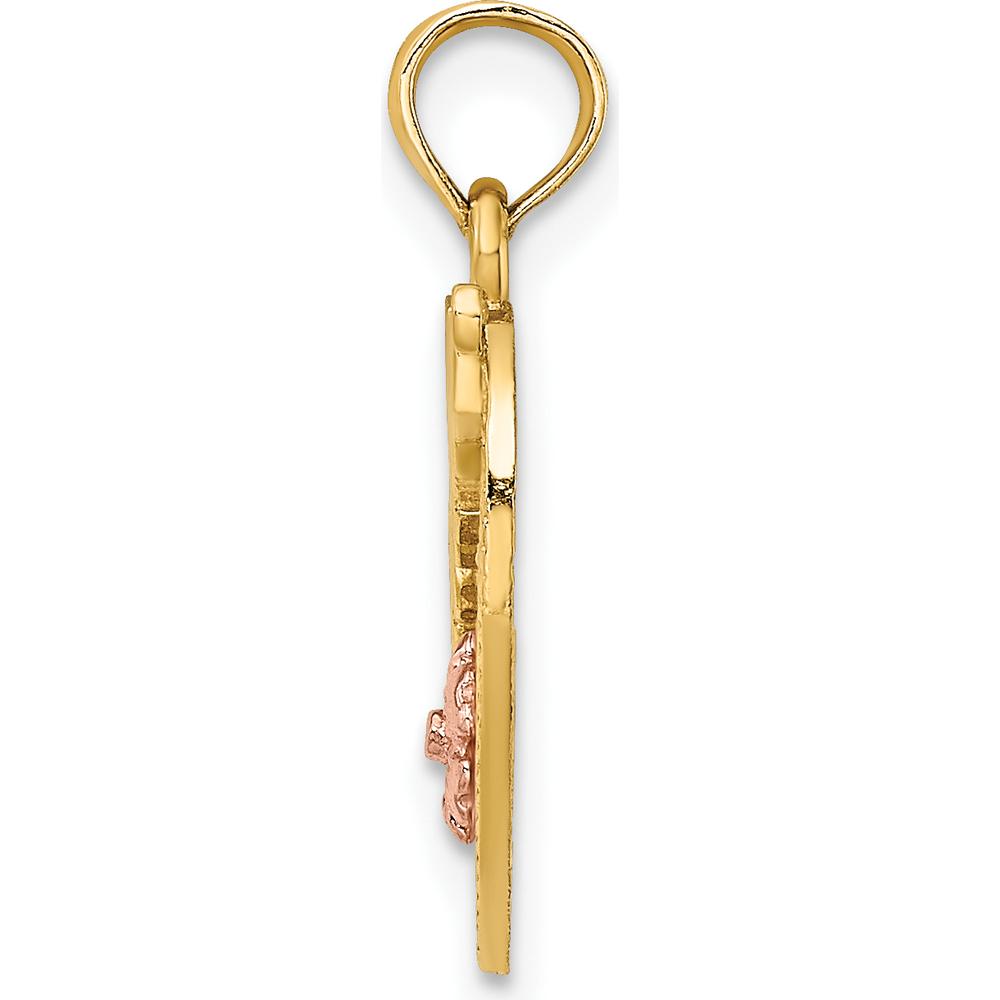 14K Two-Tone Gold "Mother" Heart Pendant with Flower Charm - Polished and Textured Finish by Oro Pregiato
