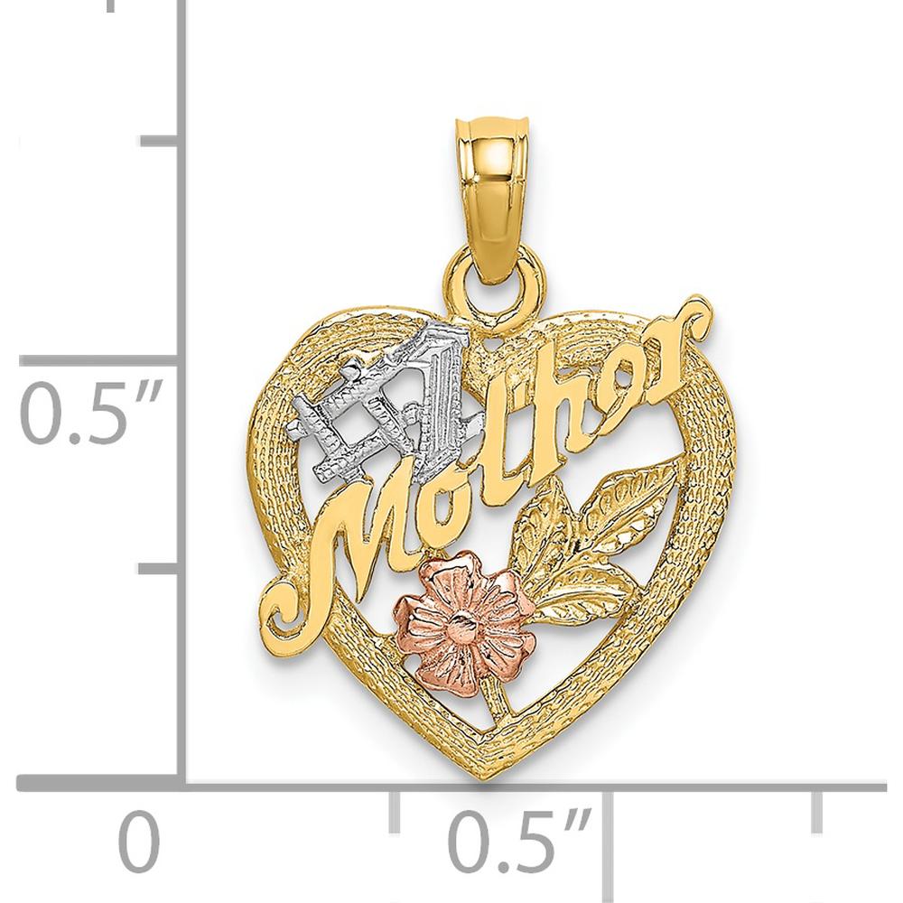 14K Two-Tone Gold "Mother" Heart Pendant with Flower Charm - Polished and Textured Finish by Oro Pregiato