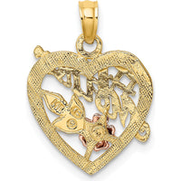 14K Two-Tone Gold "Mother" Heart Pendant with Flower Charm - Polished and Textured Finish by Oro Pregiato