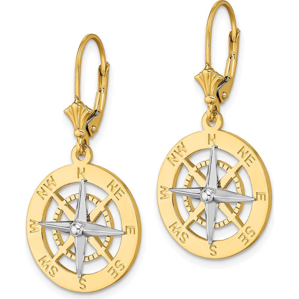 14K Two-Tone Gold Nautical Compass Leverback Drop Earrings by 0