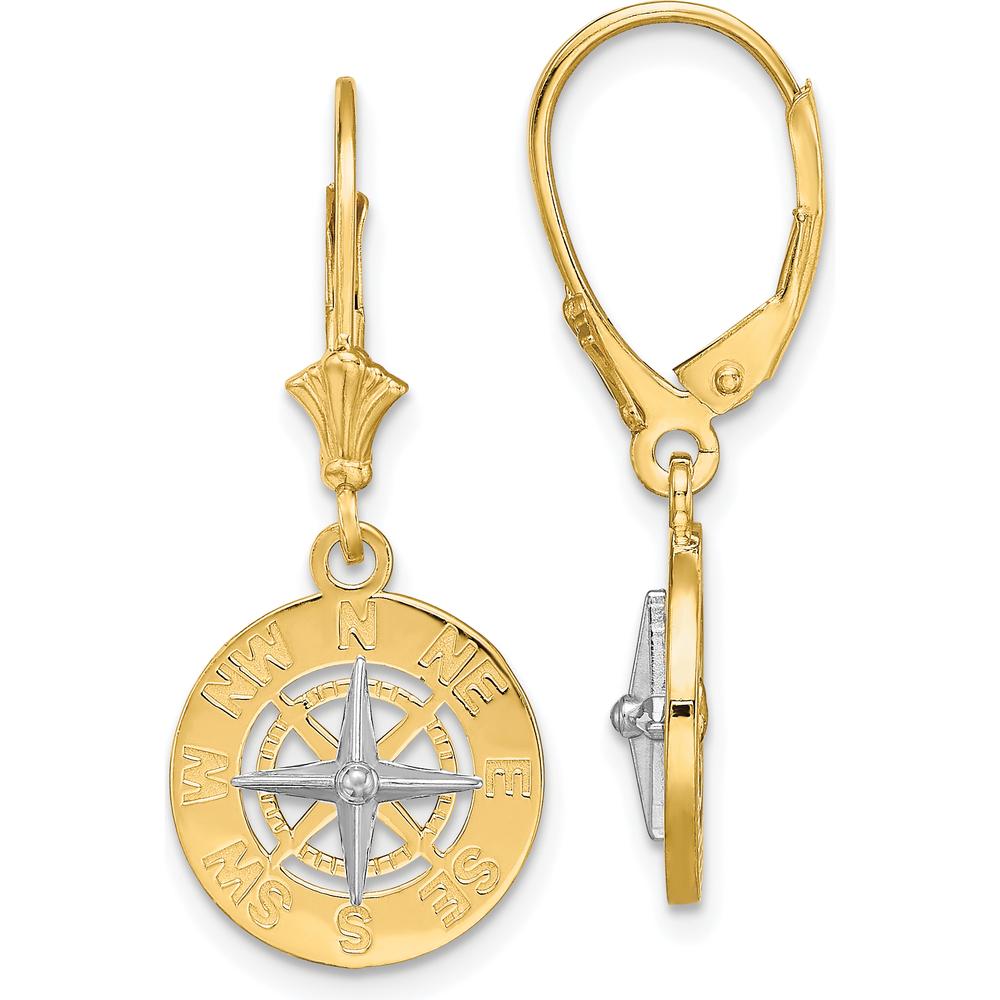 14K Two-Tone Gold Nautical Compass Leverback Drop Earrings with Rhodium-Plated Accents by 0