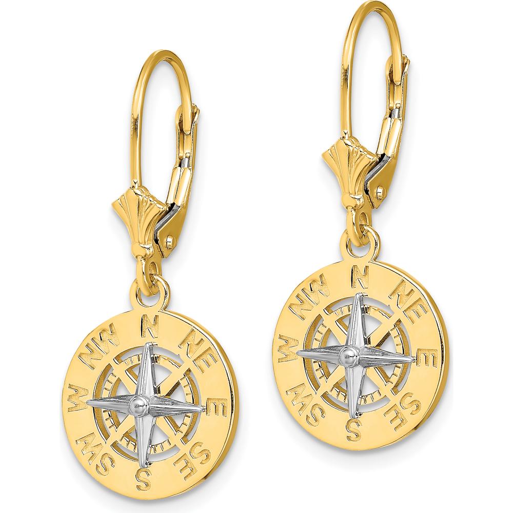 14K Two-Tone Gold Nautical Compass Leverback Drop Earrings with Rhodium-Plated Accents by 0
