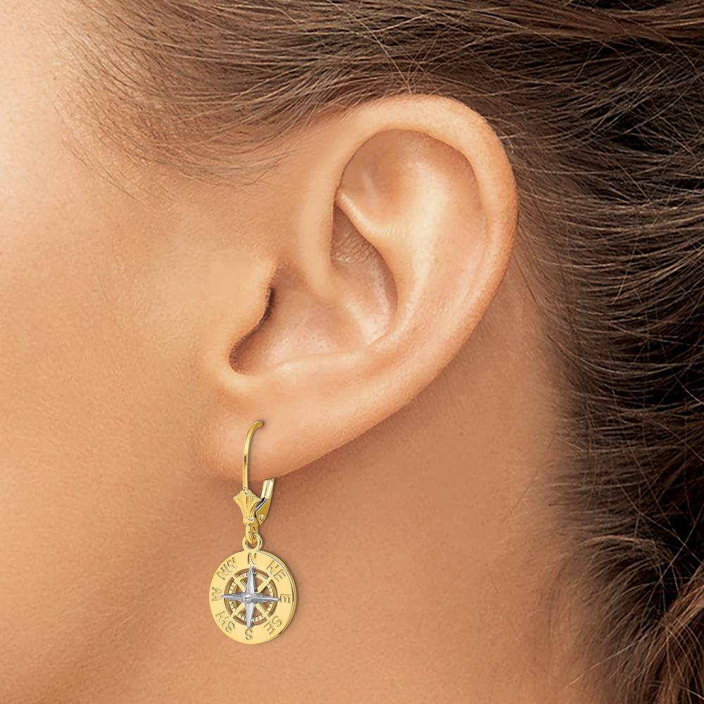 14K Two-Tone Gold Nautical Compass Leverback Drop Earrings with Rhodium-Plated Accents by 0