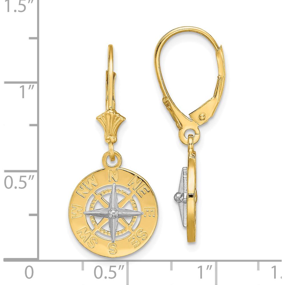 14K Two-Tone Gold Nautical Compass Leverback Drop Earrings with Rhodium-Plated Accents by 0