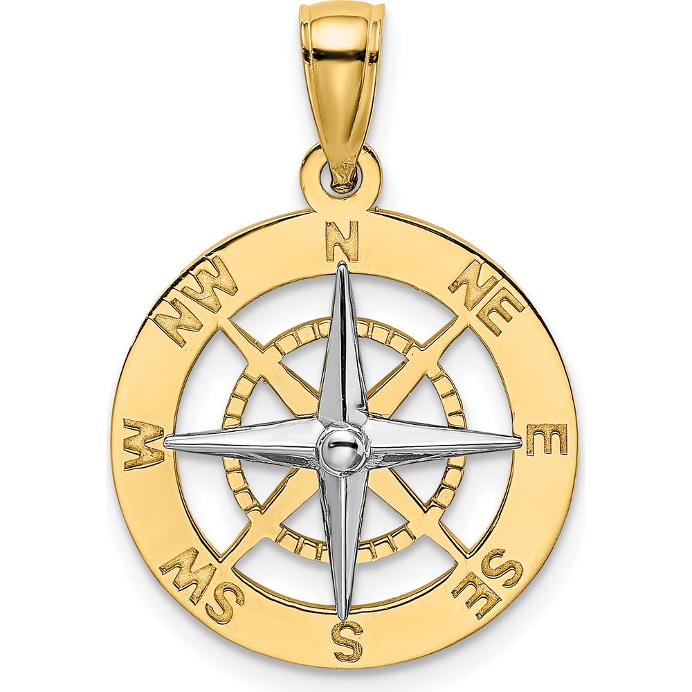 14K Two-Tone Gold Nautical Compass Pendant with White Gold Needle Charm - 25.2mm Length by Oro Pregiato