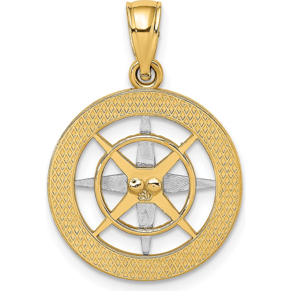 14K Two-Tone Gold Nautical Compass Pendant with White Gold Needle Charm - 25.2mm Length by Oro Pregiato