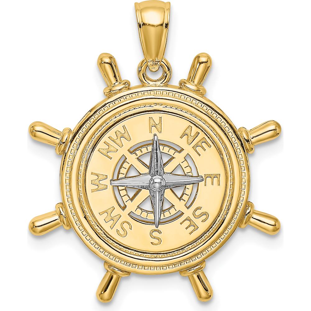 14K Two-Tone Gold Nautical Ship's Wheel with Compass Pendant - Polished Finish by Oro Pregiato