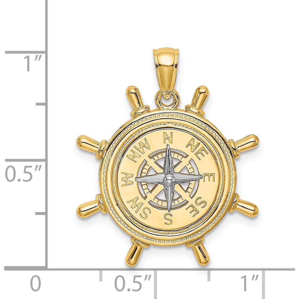 14K Two-Tone Gold Nautical Ship's Wheel with Compass Pendant - Polished Finish by Oro Pregiato