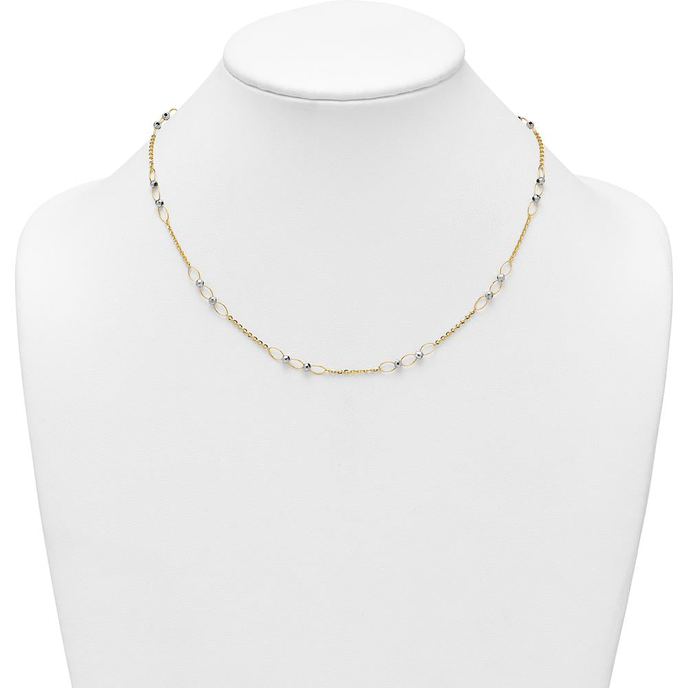 14K Two-Tone Gold Necklace with Polished Oval Links and Faceted Beads - 18" Length by 0