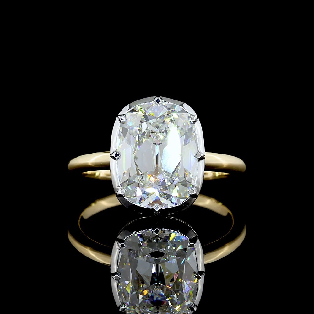 14K Two Tone Gold North-South Antique Cushion Cut Lab Diamond Solitaire Ring - 4.21 Carat Total Diamond Weight, E Color VVS2 Clarity - Covaloro Fine Jewelry