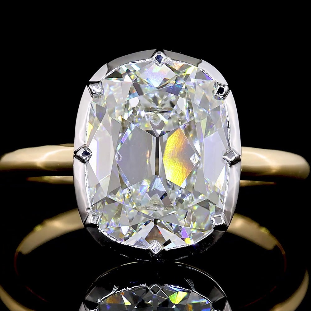 14K Two Tone Gold North-South Antique Cushion Cut Lab Diamond Solitaire Ring - 4.21 Carat Total Diamond Weight, E Color VVS2 Clarity - Covaloro Fine Jewelry