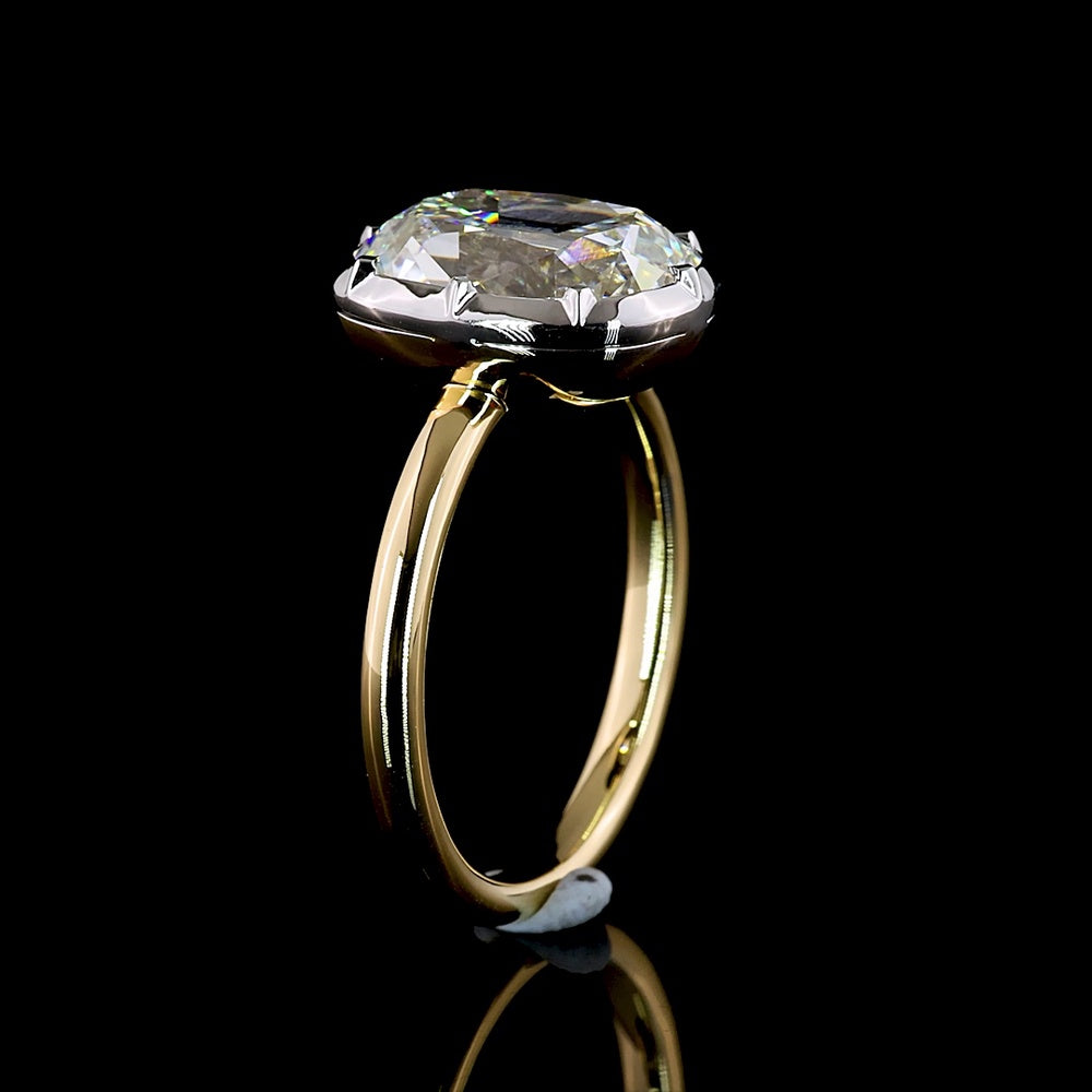 14K Two Tone Gold North-South Antique Cushion Cut Lab Diamond Solitaire Ring - 4.21 Carat Total Diamond Weight, E Color VVS2 Clarity - Covaloro Fine Jewelry