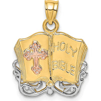 14K Two-Tone Gold Open Holy Bible with Cross Pendant Charm - 21.5mm by Oro Pregiato