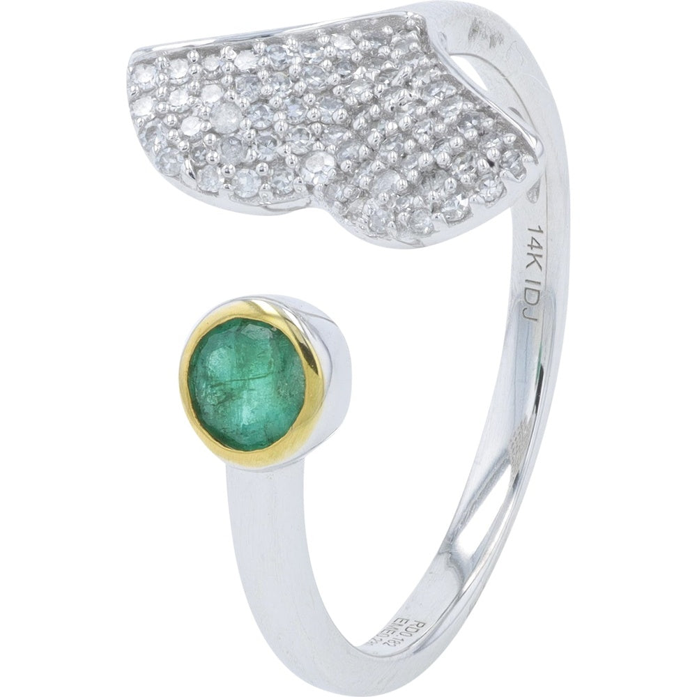 14K Two-Tone Gold Open Whale Tail Cuff Ring with Bezel-Set Round Emerald and Pavé Diamonds - 0.40-0.50 Carat Emerald and 0.10 Carat Total Diamond Weight