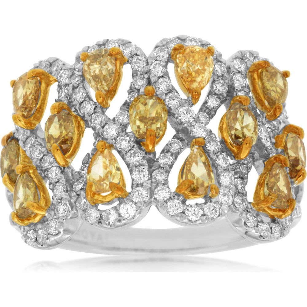 14K Two-Tone Gold Openwork Ring with Pear-Cut Yellow Diamonds and Pavé White Diamonds - 1.30 Carat Yellow Diamond and 0.64 Carat White Diamond Total Weight - Royal Jewelry