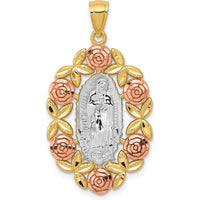14K Two-Tone Gold Our Lady Of Guadalupe Oval Pendant with Rhodium Accents and Diamond-Cut Flower Detailing by Oro Pregiato