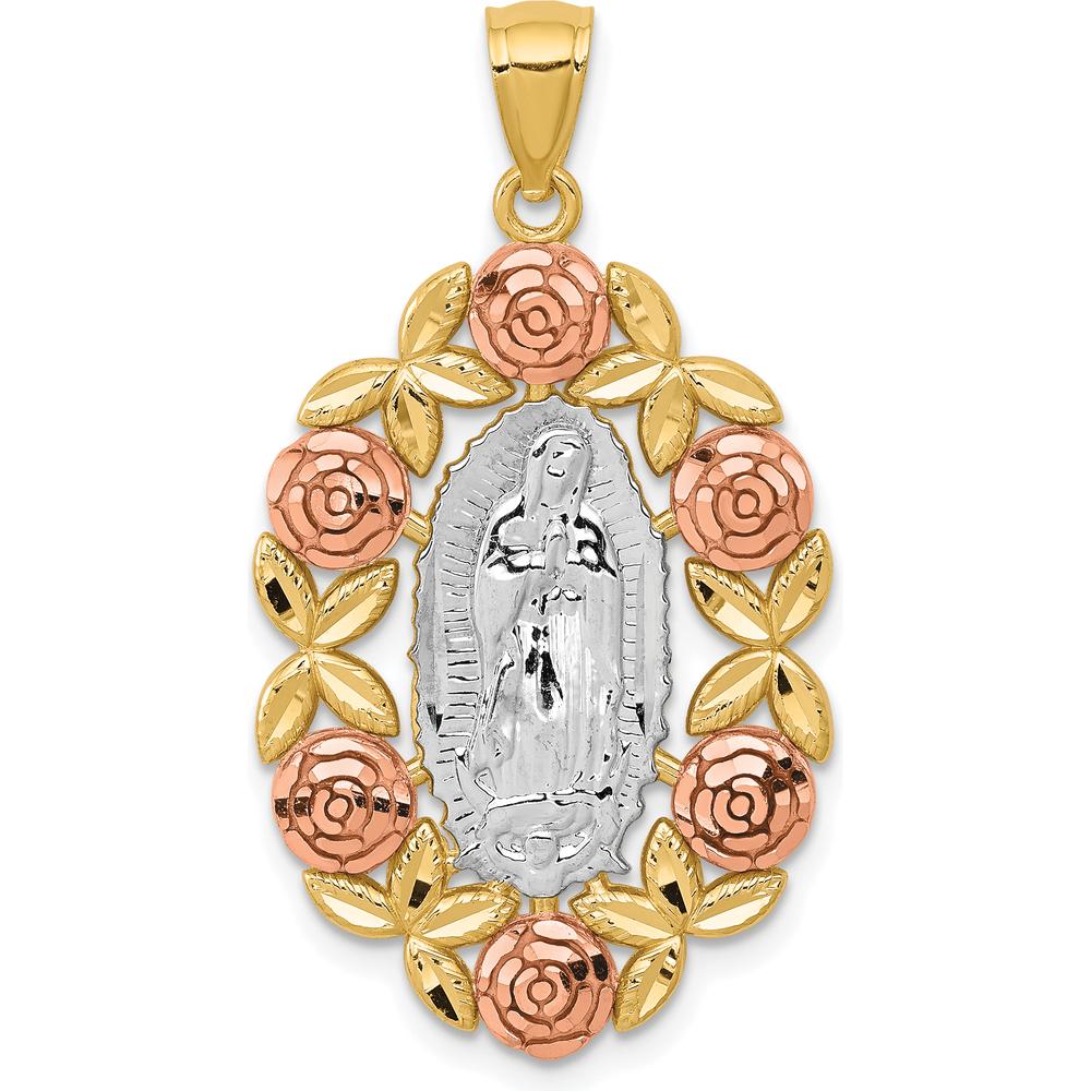 14K Two-Tone Gold Our Lady Of Guadalupe Oval Pendant with Rhodium Accents and Diamond-Cut Flower Detailing by Oro Pregiato