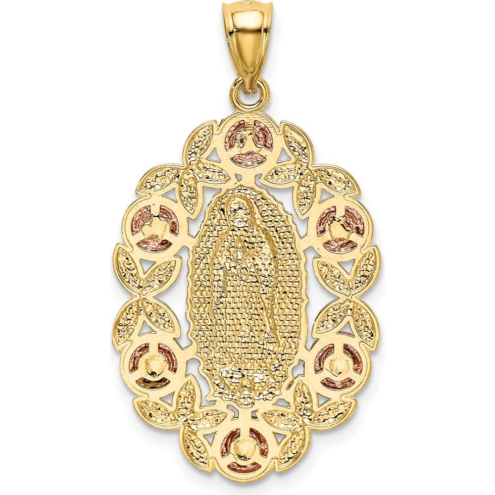 14K Two-Tone Gold Our Lady Of Guadalupe Oval Pendant with Rhodium Accents and Diamond-Cut Flower Detailing by Oro Pregiato