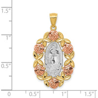 14K Two-Tone Gold Our Lady Of Guadalupe Oval Pendant with Rhodium Accents and Diamond-Cut Flower Detailing by Oro Pregiato