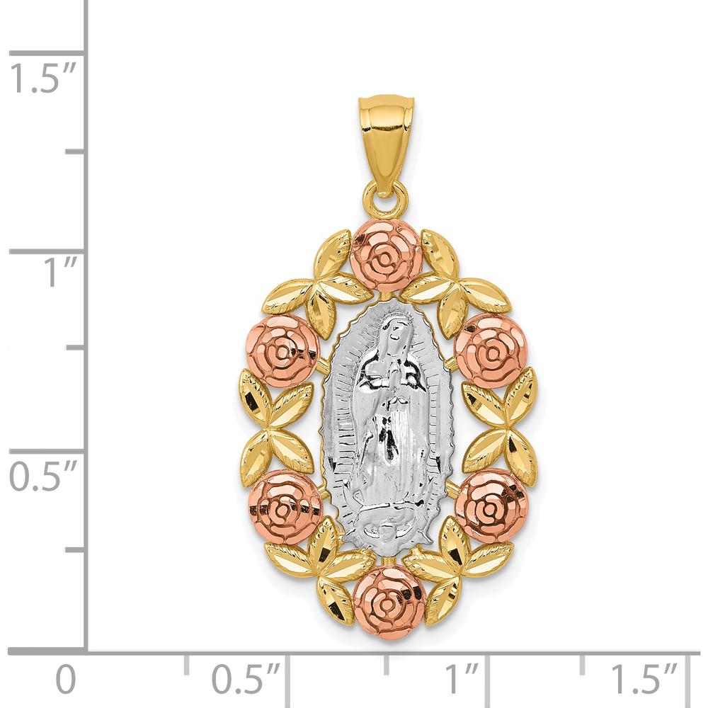 14K Two-Tone Gold Our Lady Of Guadalupe Oval Pendant with Rhodium Accents and Diamond-Cut Flower Detailing by Oro Pregiato