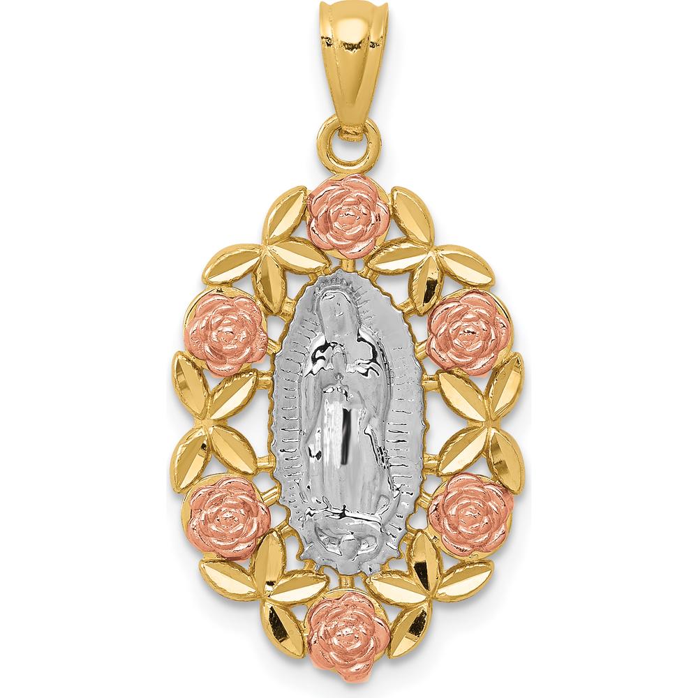 14K Two-Tone Gold Our Lady of Guadalupe with Diamond-Cut Floral Pendant by Oro Pregiato