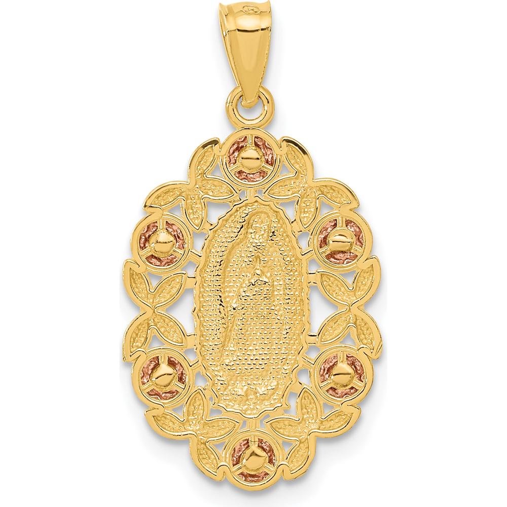 14K Two-Tone Gold Our Lady of Guadalupe with Diamond-Cut Floral Pendant by Oro Pregiato