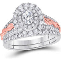 14K Two-Tone Gold Oval Diamond Bridal Wedding Ring Set - 1 Carat Total Diamond Weight