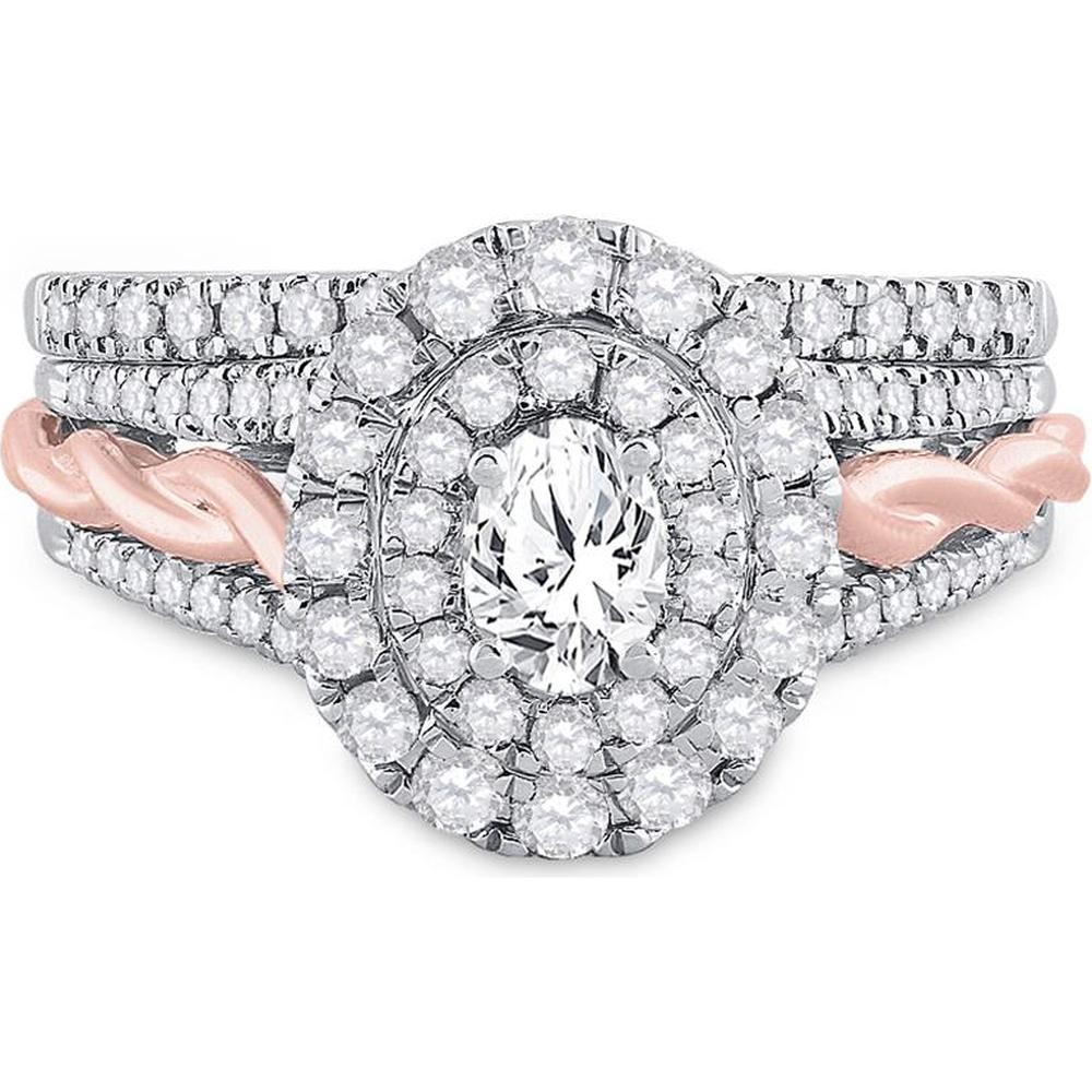 14K Two-Tone Gold Oval Diamond Bridal Wedding Ring Set - 1 Carat Total Diamond Weight