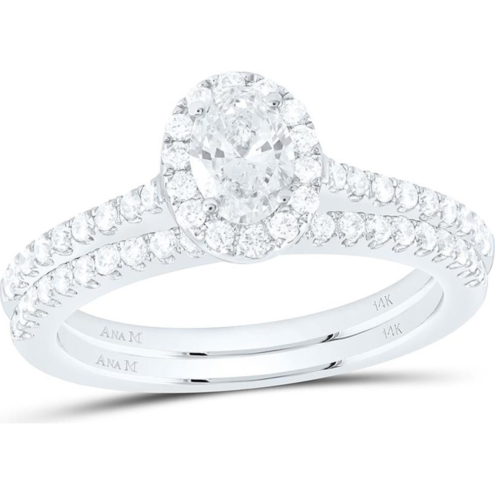 14K Two-Tone Gold Oval Diamond Halo Bridal Wedding Ring Set - 1.0 Carat Total Diamond Weight