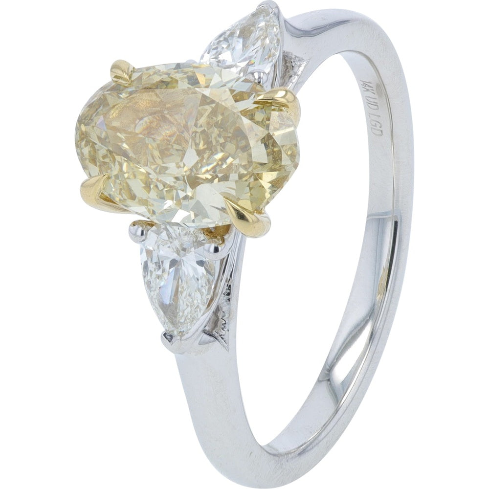 14K Two-Tone Gold Oval Fancy Yellow Lab-Grown Diamond Engagement Ring with Pear-Cut Side Stones - 2.50 Carat Total Weight