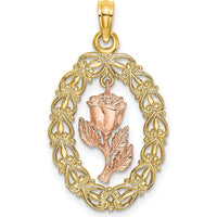 14K Two-Tone Gold Oval Frame with Rose Charm Pendant - Elegant Textured Design by Oro Pregiato