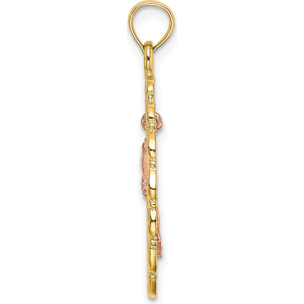 14K Two-Tone Gold Oval Frame with Rose Charm Pendant - Elegant Textured Design by Oro Pregiato