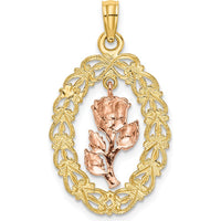 14K Two-Tone Gold Oval Frame with Rose Charm Pendant - Elegant Textured Design by Oro Pregiato