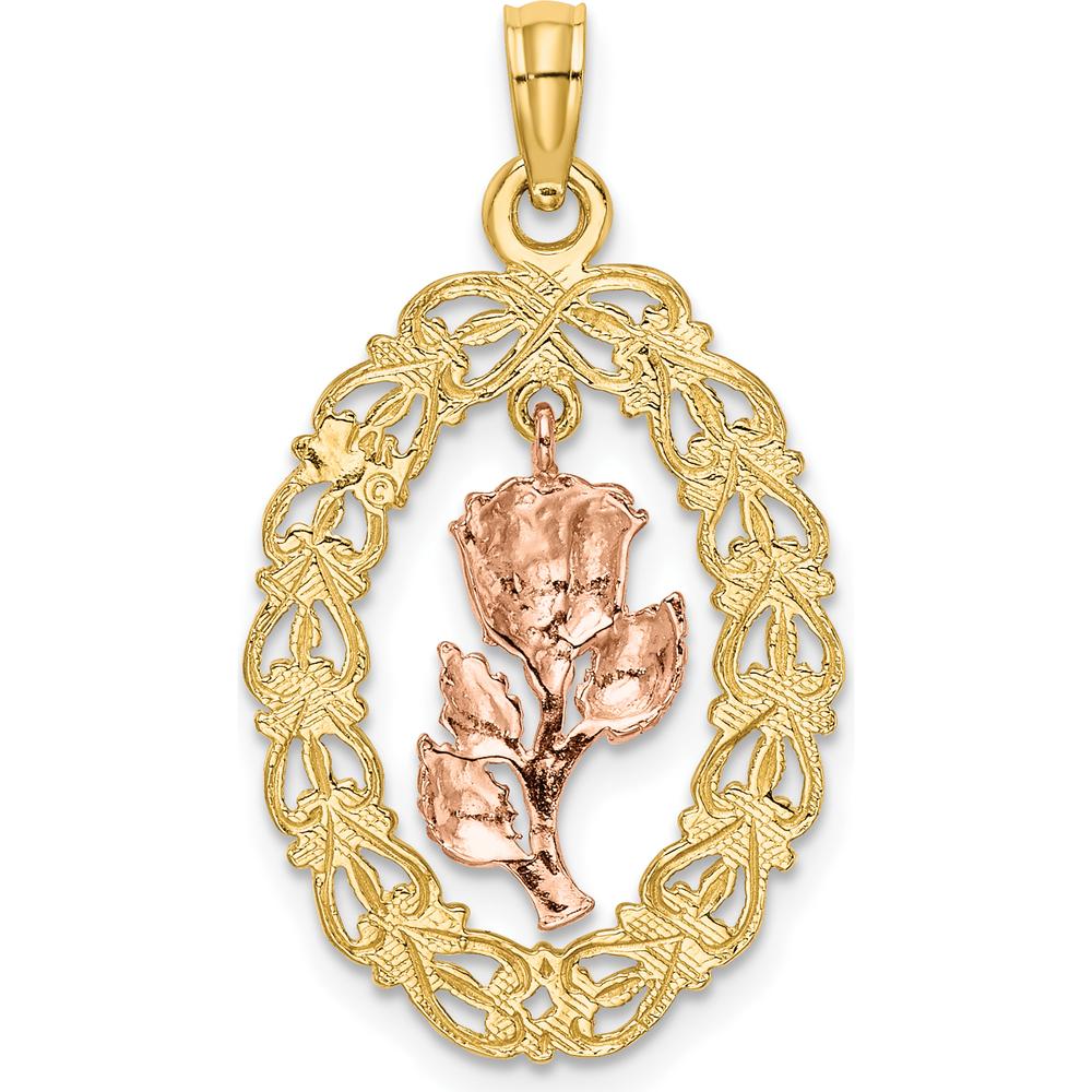 14K Two-Tone Gold Oval Frame with Rose Charm Pendant - Elegant Textured Design by Oro Pregiato