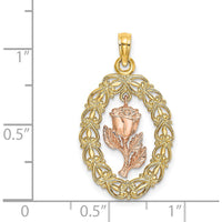 14K Two-Tone Gold Oval Frame with Rose Charm Pendant - Elegant Textured Design by Oro Pregiato