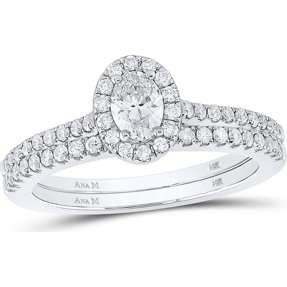 14K Two-Tone Gold Oval Halo Bridal Wedding Ring Set with Prong, Pave, and Bezel-Set Diamonds - 0.87 Carat Total Diamond Weight