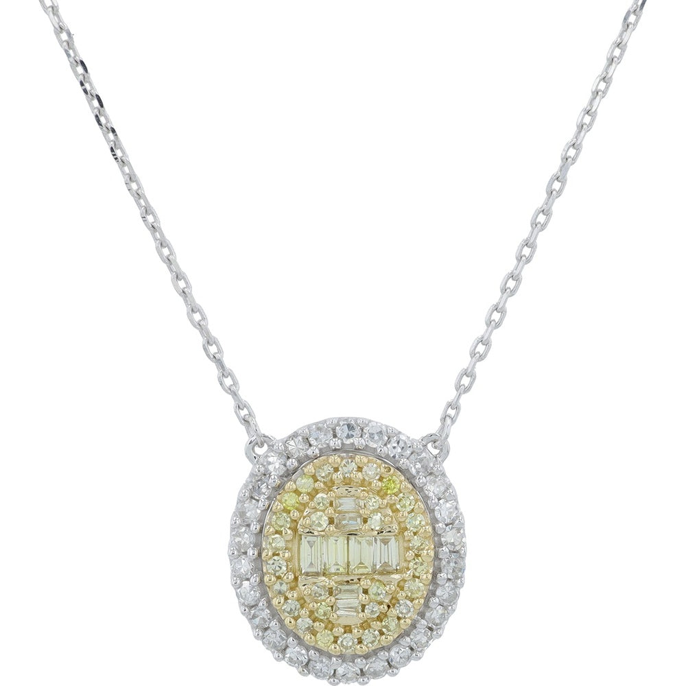 14K Two-Tone Gold Oval Halo Pendant with Baguette and Round Diamond Cluster - 0.50 Carat Total Diamond Weight