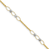 14K Two-Tone Gold Oval Links and Mirror Beads Anklet with Extender - 10" Total Length