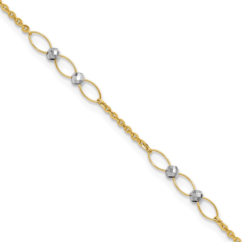 14K Two-Tone Gold Oval Links and Mirror Beads Anklet with Extender - 10" Total Length