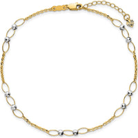 14K Two-Tone Gold Oval Links and Mirror Beads Anklet with Extender - 10" Total Length
