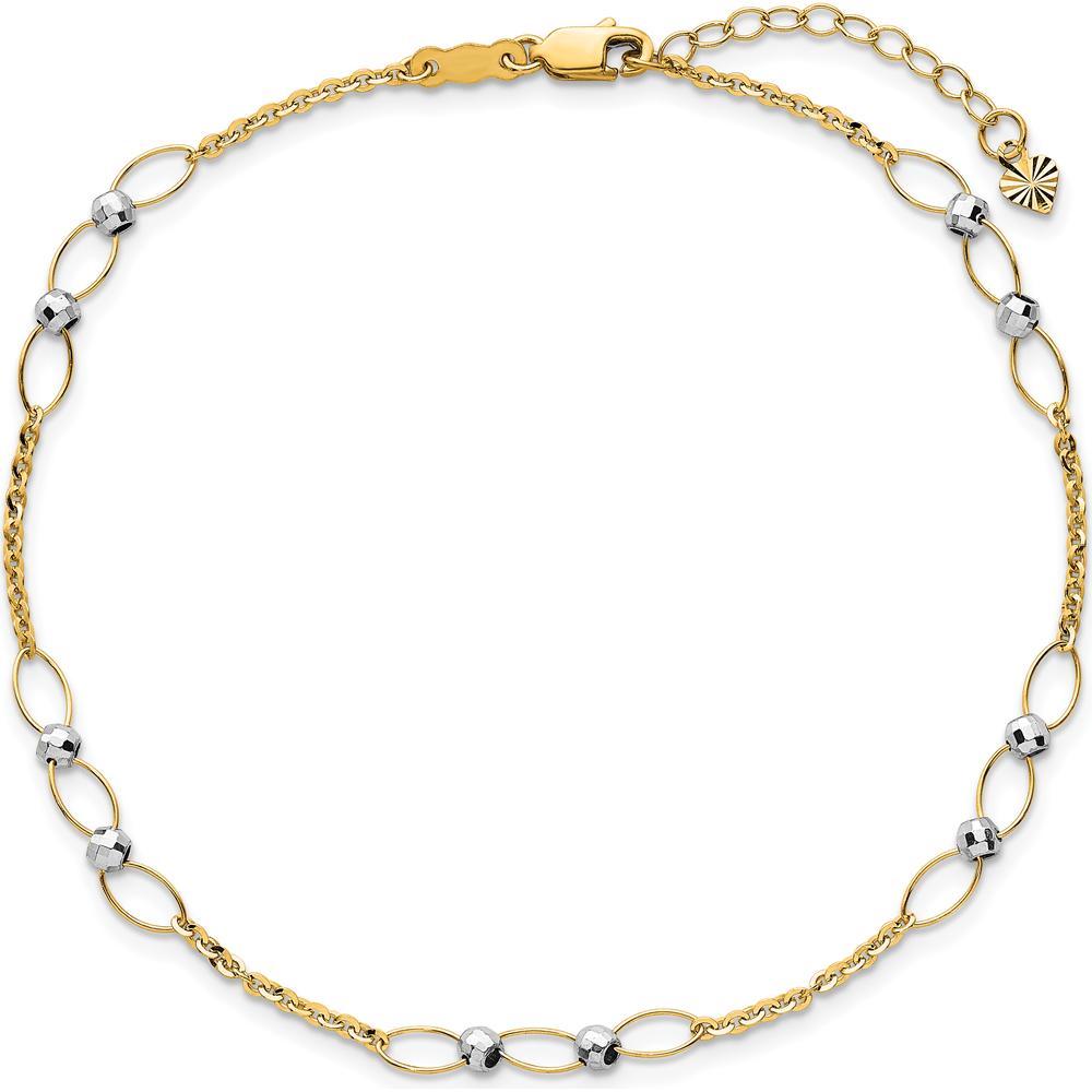 14K Two-Tone Gold Oval Links and Mirror Beads Anklet with Extender - 10" Total Length