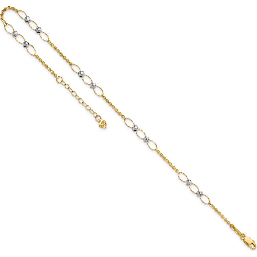 14K Two-Tone Gold Oval Links and Mirror Beads Anklet with Extender - 10" Total Length