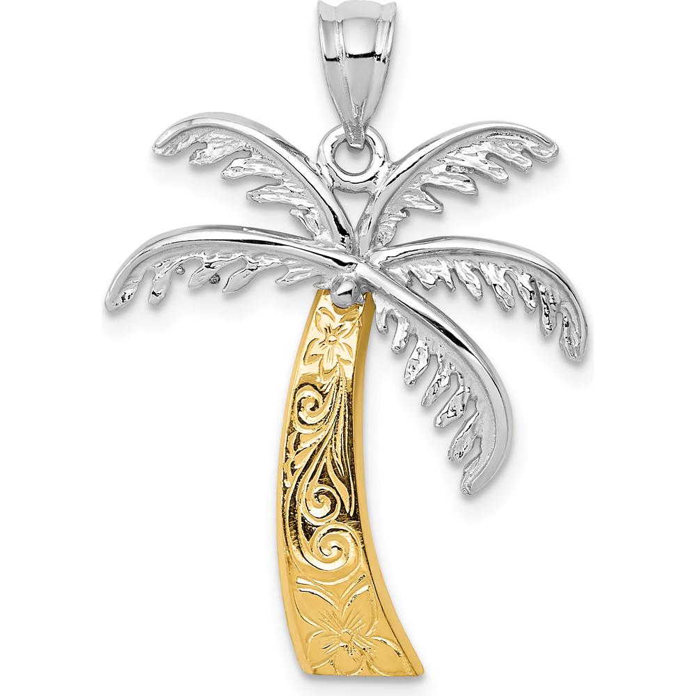 14K Two-Tone Gold Palm Tree Pendant with Floral Engraving - 29mm by Oro Pregiato