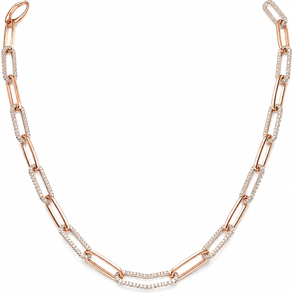 14K Two Tone Gold Paperclip Link Necklace with Prong Set Round Diamonds - 3.13 Carat Total Diamond Weight by Auriventus